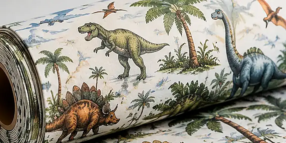 wzory w dinozaury drukowane na tkaninie